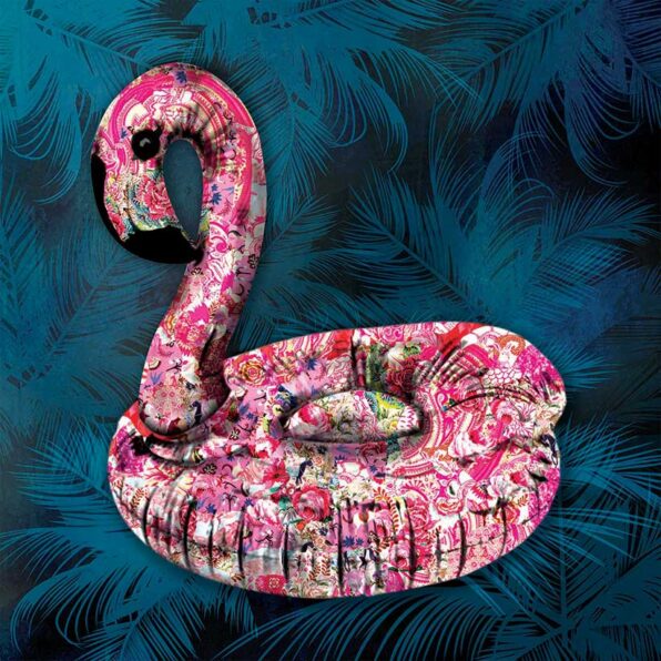 The pink flamingo first designed in 1957 by Don Featherstone is depicted in this canvas painting by Kristel Bechara. Worlwide shipping!