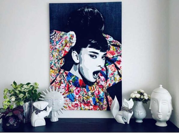 Beauty style icon "Audrey Hepburn" is portrayed in this contemporary art painting by Kristel Bechara