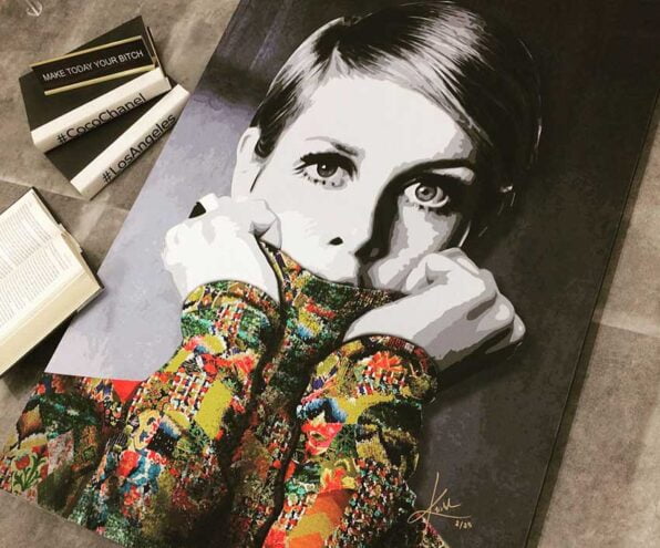 British model Twiggy who set the new desirable look in the sixties is portrayed in this contemporary art painting by Kristel Bechara