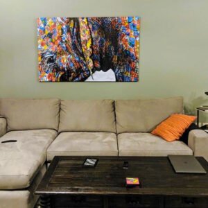 "An elephant in the living room" is a canvas painting by Kristel Bechara depicting the famous statement. Worlwide delivery available!
