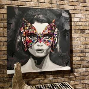 In "The Girl with a Butterfly Mask" canvas painting the point of attraction is a butterfly to symbolize transformation. Worlwide shipping!