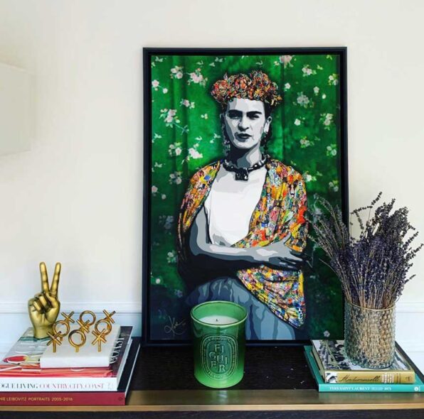 Frida kahlo who is remembered for her self-portraits, is portrayed in this contemporary art painting by Kristel Bechara
