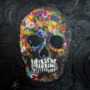 As the skull with its eternal smile looks at us in this canvas painting, we are reminded that Life cannot be celebrated without Death