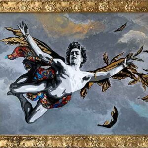 This canvas art by Kristel Bechara captures Icarus who serves as a cautionary tale of the dangers of ignoring the importance of moderation..