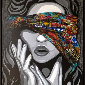 In this canvas painting by Kristel Bechara, Lady of Justice is blindfolded by a scarf symbolizing her impartiality to status, wealth or class