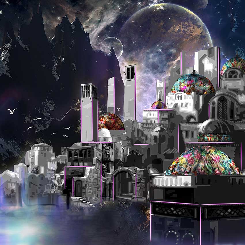 The City of the Future is a sight to behold, with elements of the past and the future melting together.A digital art NFT by Kristel Becahara!