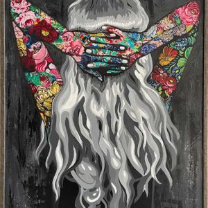The Wise Woman in this original painting by Kristel Bechara has her back towards us, with her locks cascading down her back and her hands folded behind her head