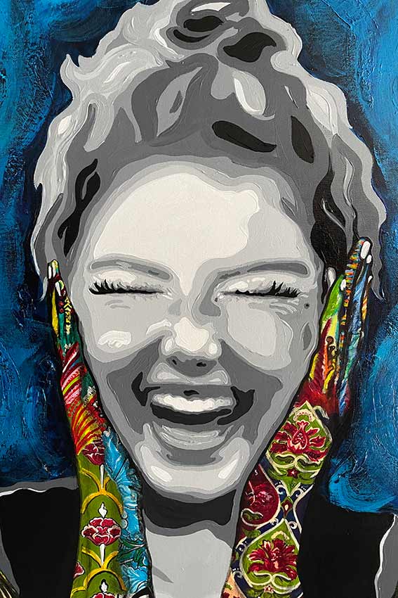 In this acrylic on canvas artwork, the amused Wise Woman is found covering her ears with her colour coated hands while laughing heartily..
