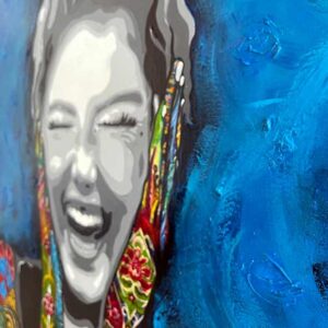 In this acrylic on canvas artwork, the amused Wise Woman is found covering her ears with her colour coated hands while laughing heartily..