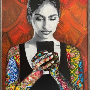 This "Post No Evil" original painting by Kristel Bechara features a Wise Woman on her smartphone contemplating on what she is about to post online.
