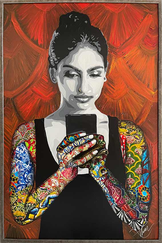 This "Post No Evil" original painting by Kristel Bechara features a Wise Woman on her smartphone contemplating on what she is about to post online.