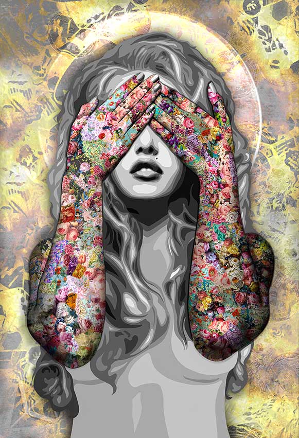 In this "See No Evil" NFT digital art, you can see a wise woman covering her eyes to shield them from witnessing wrongdoings..