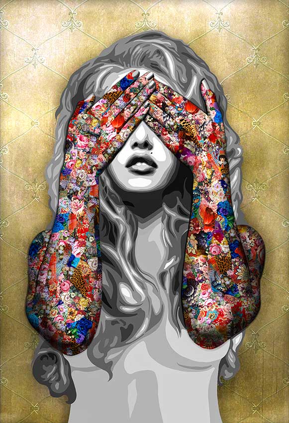 The Wise Woman in this "See No Evil" print on plexi artwork by Kristel Bechara covers her eyes to shield them from witnessing any misdeeds or wrongdoings.