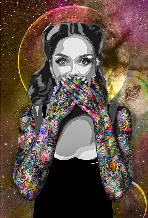 The wide-eyed Wise Woman in NFT artwork by Kristel Bechara covers her mouth using her vibrantly coloured hands. Check here!