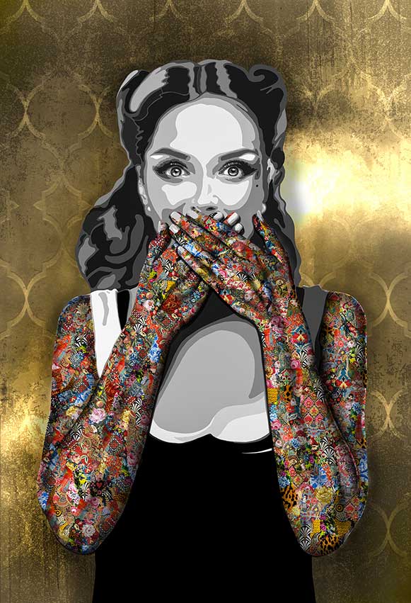 The wide-eyed Wise Woman in this "Speak No Evil" print on plexi artwork by Kristel bechara covers her mouth using her coloured hands.