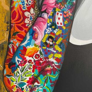 Standing in front of a patterned background, the Wise Woman in this original painting covers her mouth using her vibrantly coloured hands.