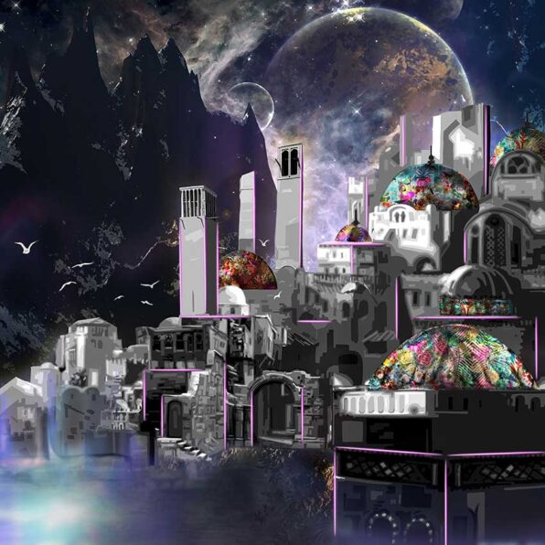 The Arabesque City of the Future plexi art showcases a sight with elements of the past and the future forming a City beyond one’s imagination